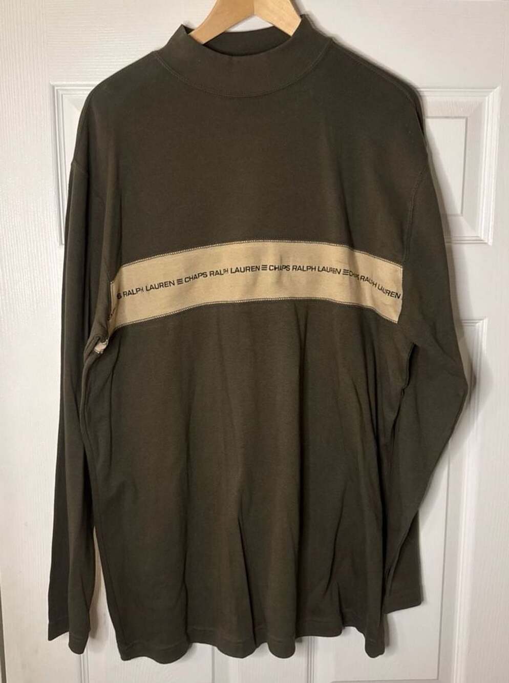 VTG Chaps Ralph Lauren Spellout Mock Neck Long Sleeve Shirt Olive Green Large W/